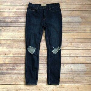 Free People High Rise Busted Knee Skinny Jeans Dark Wash Knee Holes